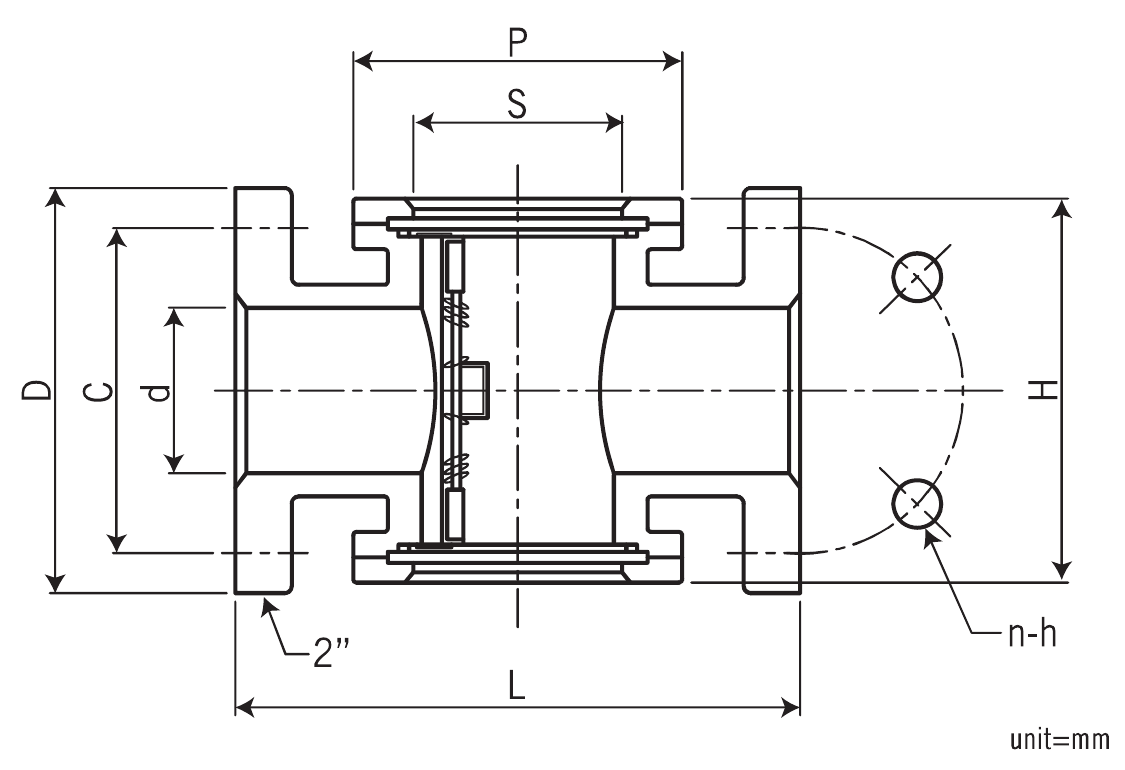 FS-Series dimension drawing showing d, C, D, H, S, P, L and flange-hole dimensions
