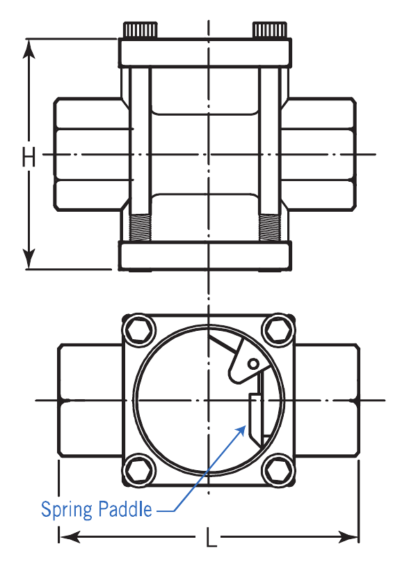 FTB Type side and front drawings with H, L and Spring Paddle callouts