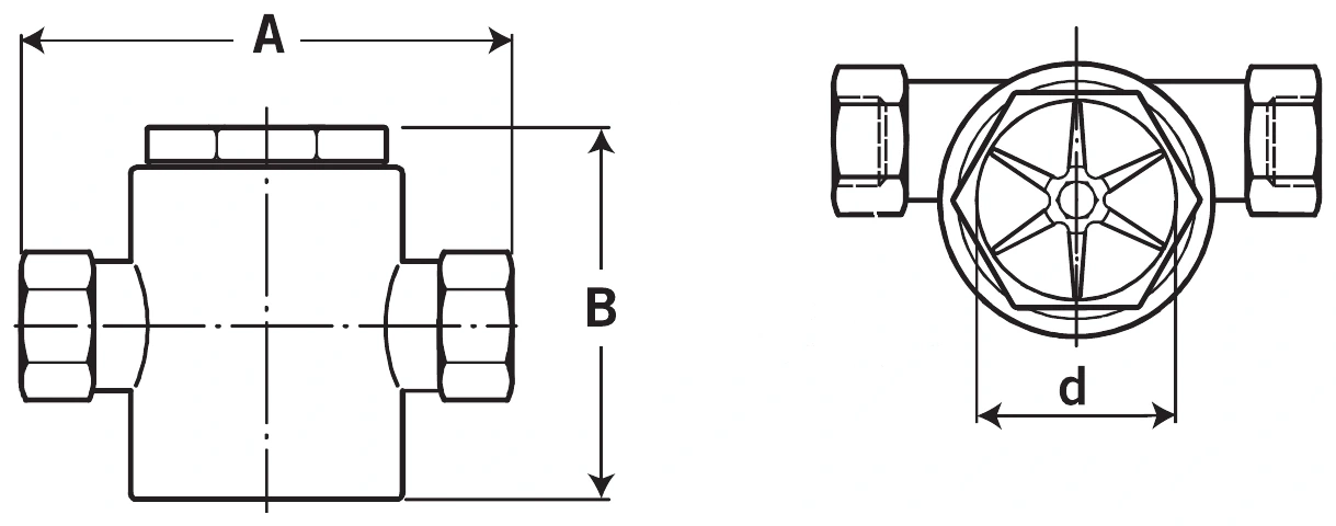FW-1 threaded side and front views showing dimensions A, B and d