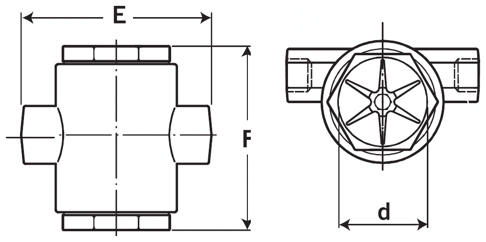 FW-2 threaded side and front views showing dimensions E, F and d