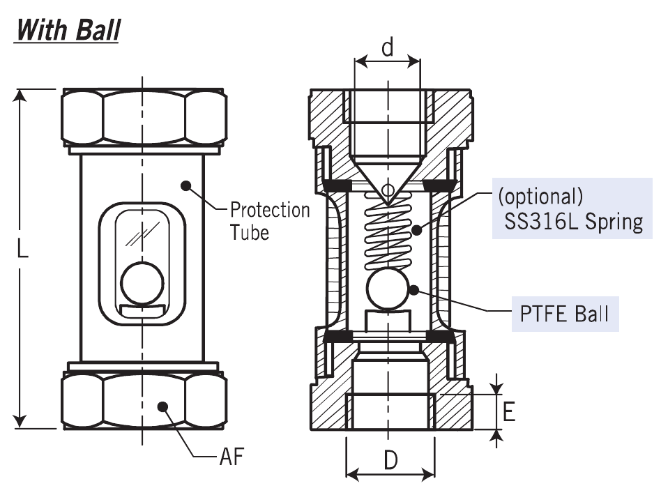 NAC with-ball front and section views showing PTFE ball, optional SS316L spring, protection tube and dimension letters