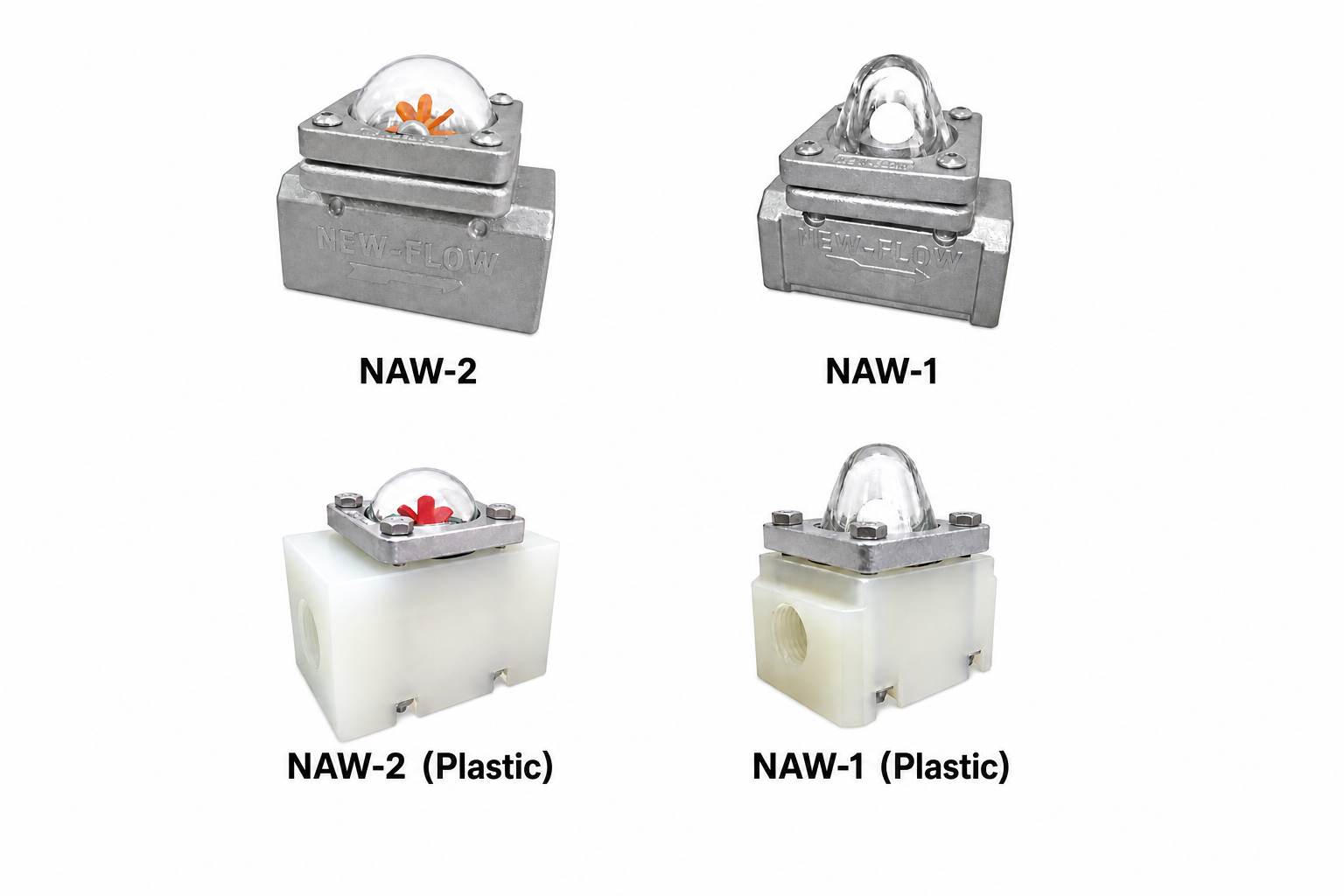 Four labelled NAW-Series flow sight glass gauges: NAW-1 and NAW-2 in metal and plastic body models