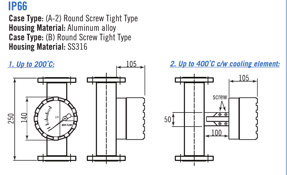 A2 aluminium / B SS316 round housing, standard and cooling element dimensions