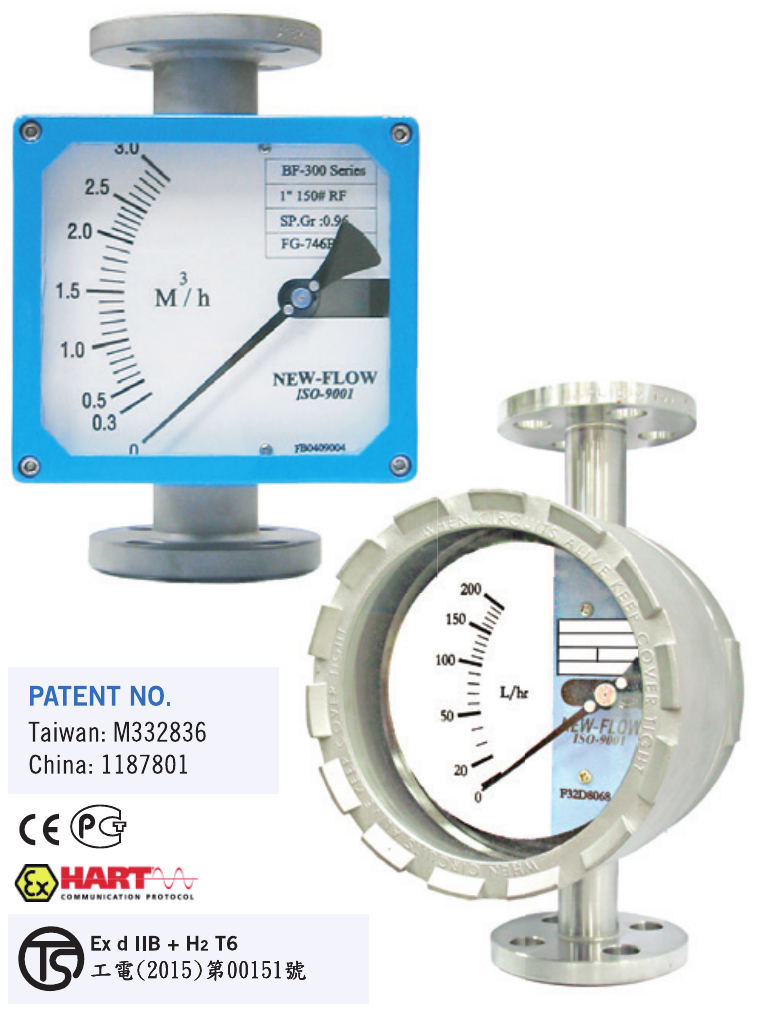 BF300 rectangular and round metal tube flow meters, with original patent and approval markings including Ex and HART