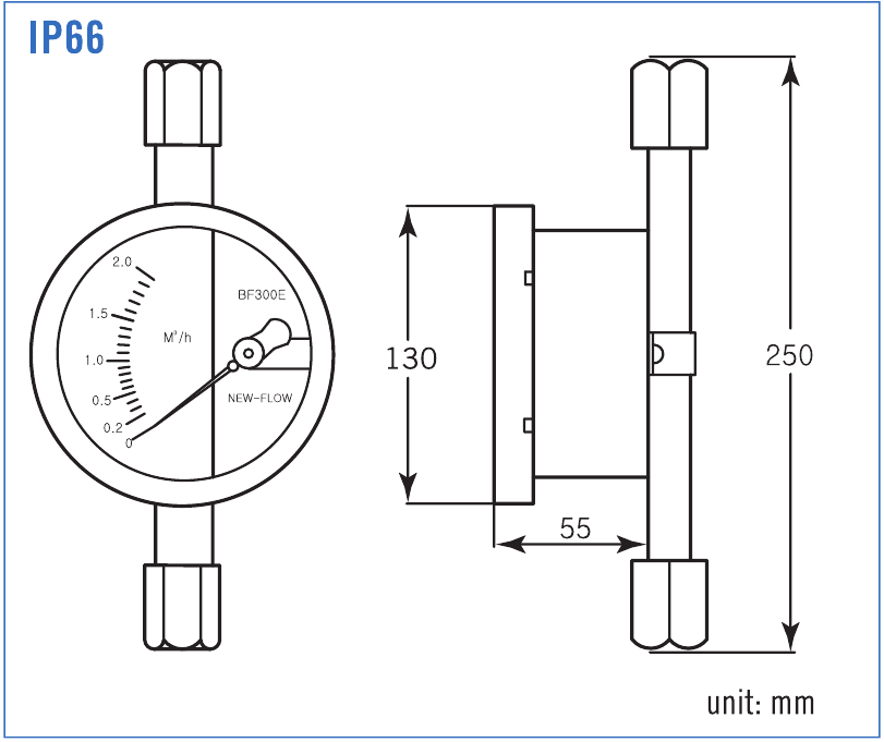 IP66 threaded model — 250 mm mounting length