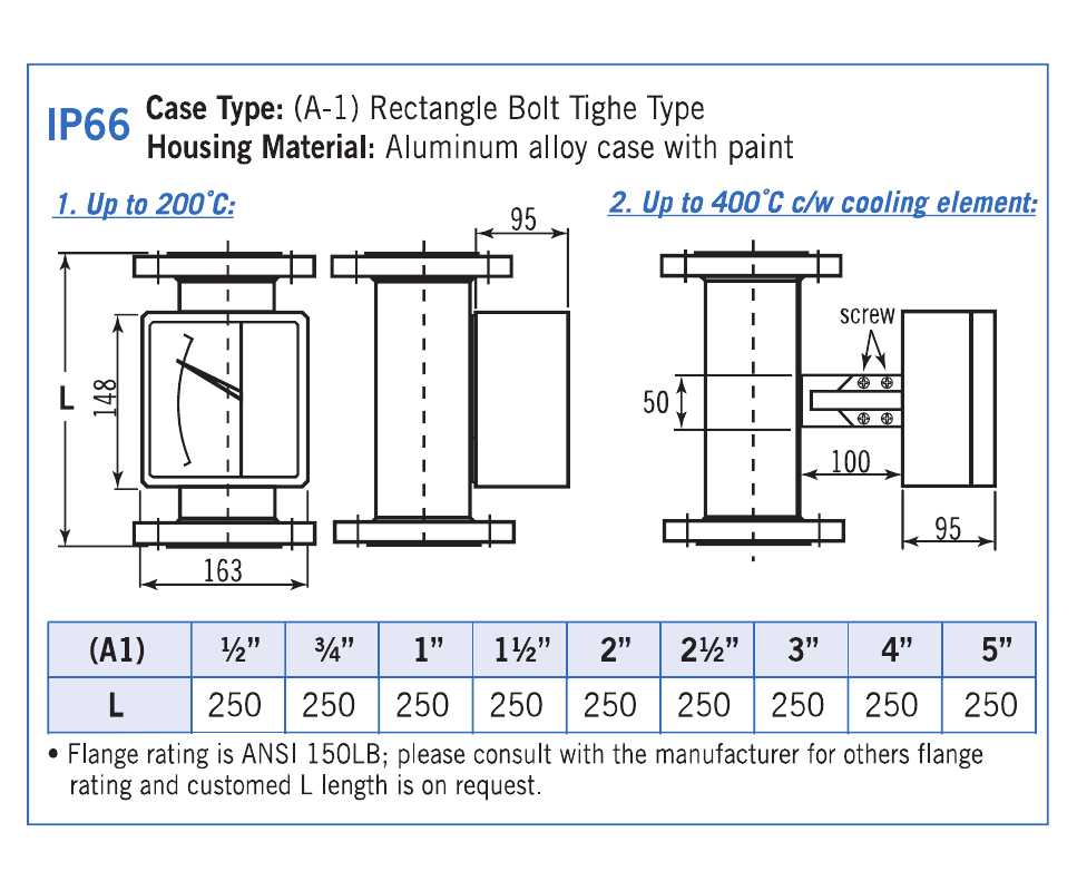 A1 — rectangular bolt-tight aluminium housing: complete dimensions, temperature configurations and flange length table
