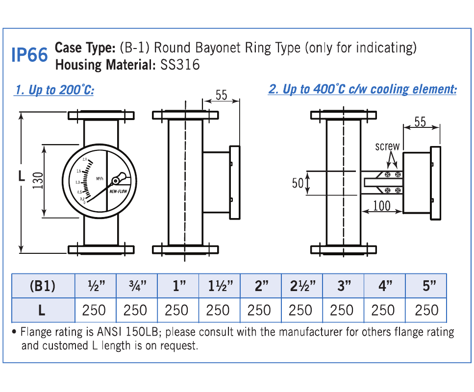 B1 — round bayonet SS316 housing, indicating only: complete dimensions, temperature configurations and flange length table