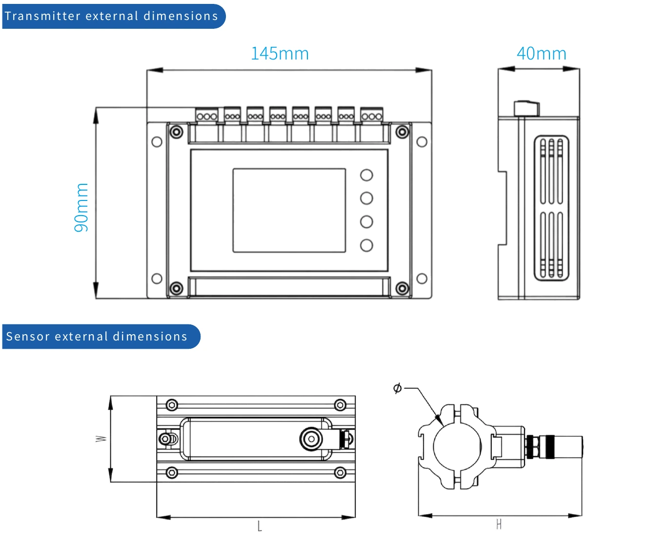 C6H transmitter front and side dimensions and sensor W, L, H and bore drawings