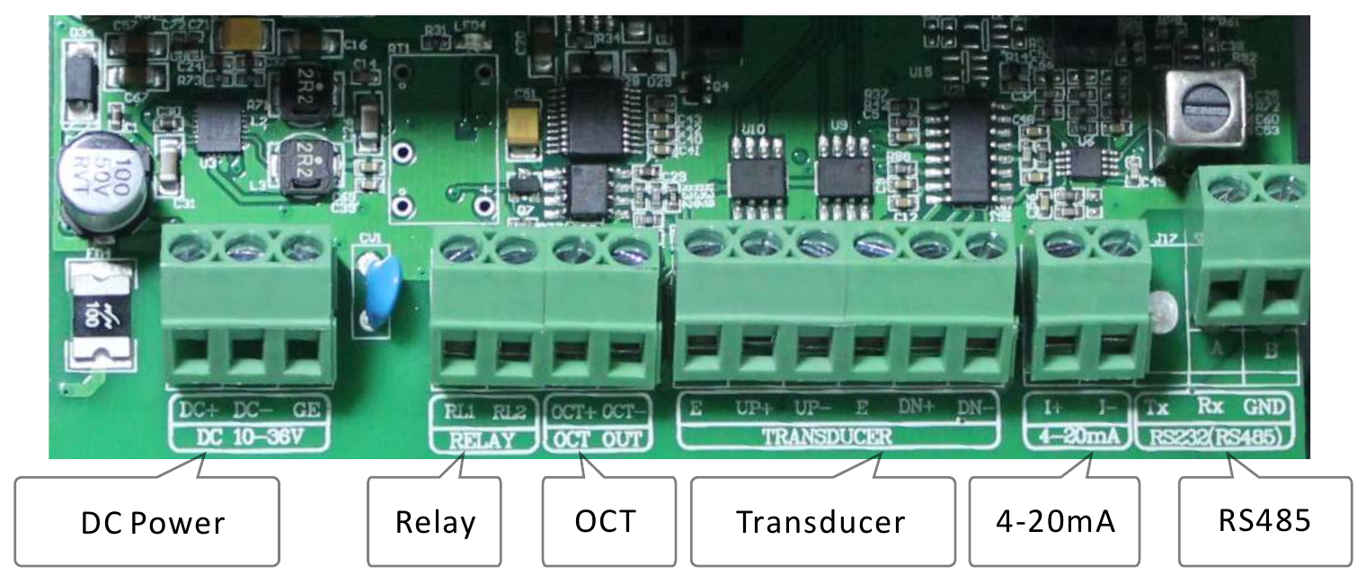 Wiring diagram: DC Power, Relay, OCT, Transducer, 4-20mA and RS485