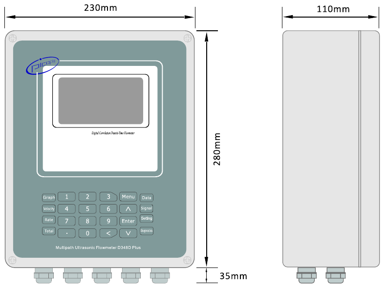 D348D Plus original transmitter dimensions — mm, with all labels retained