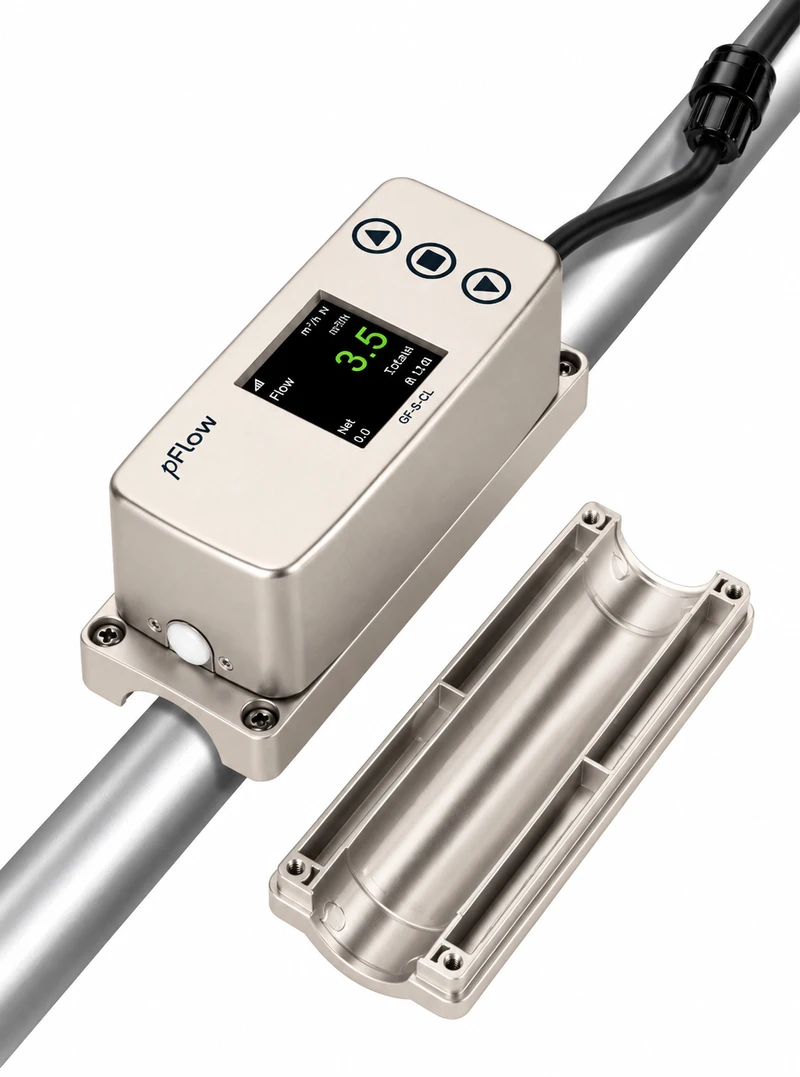 GF-S-CL ultrasonic flowmeter on a pipe with separate lower clamp, on white background