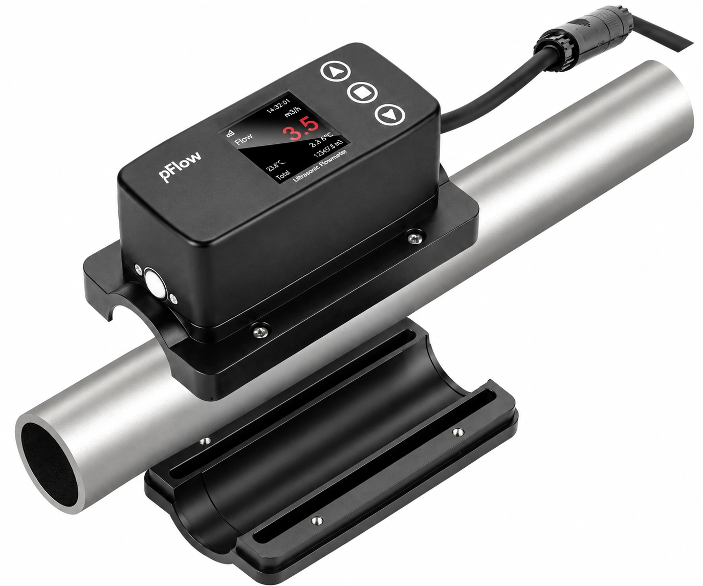 GFCL clamp-on ultrasonic flowmeter and pipe clamp on a white background