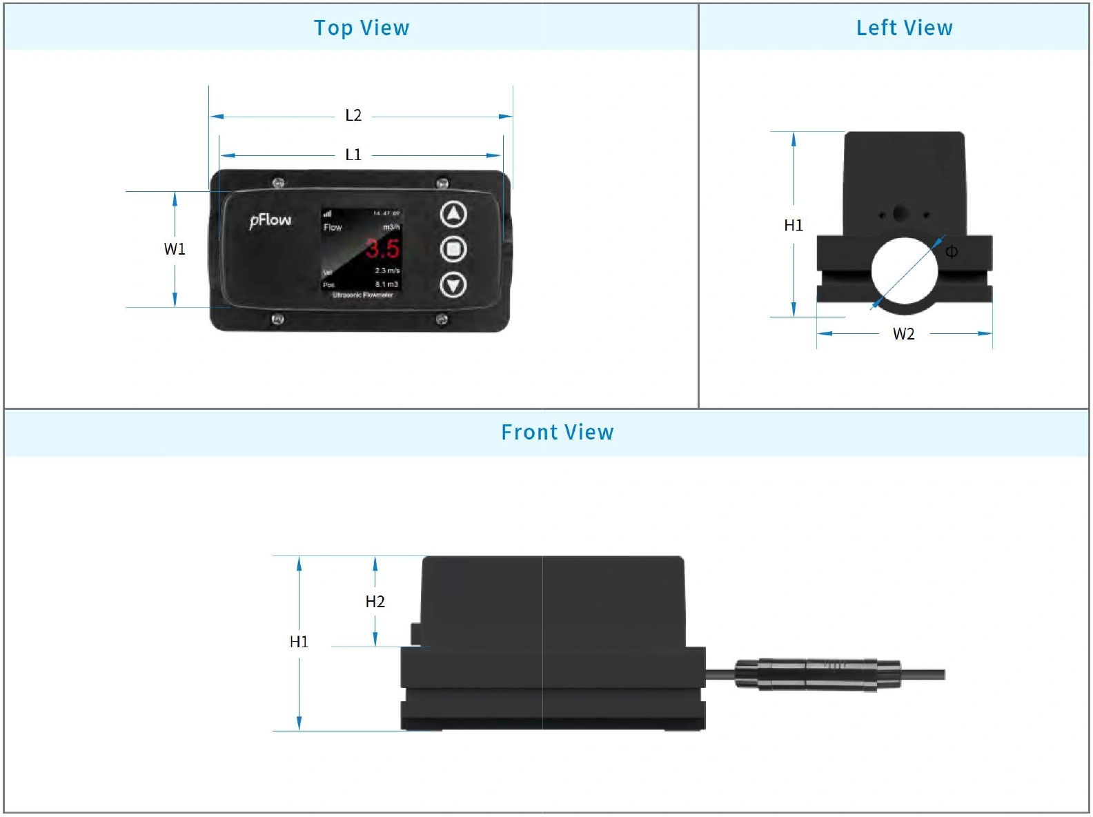 Complete original GFCL top, left and front views showing W1, W2, L1, L2, H1, H2 and diameter