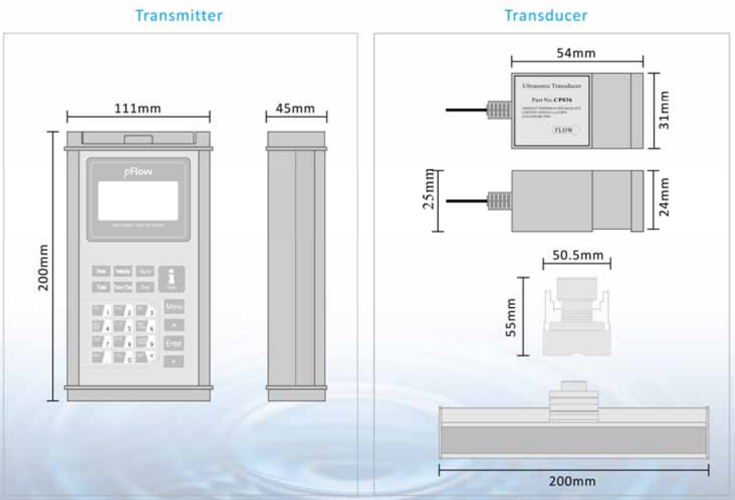 P116: complete original Transmitter and Transducer Dimensions — mm
