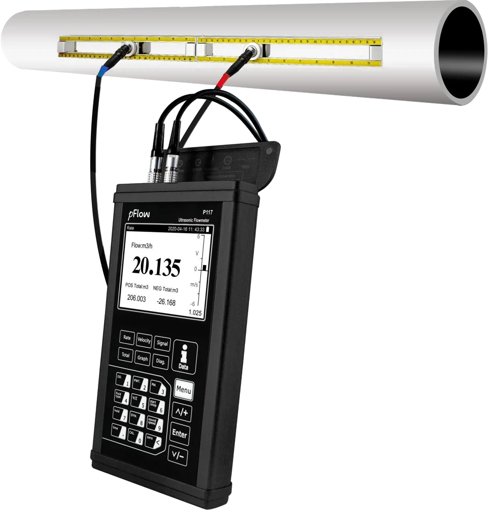 P117 portable ultrasonic flowmeter with magnetic clamp-on transducers