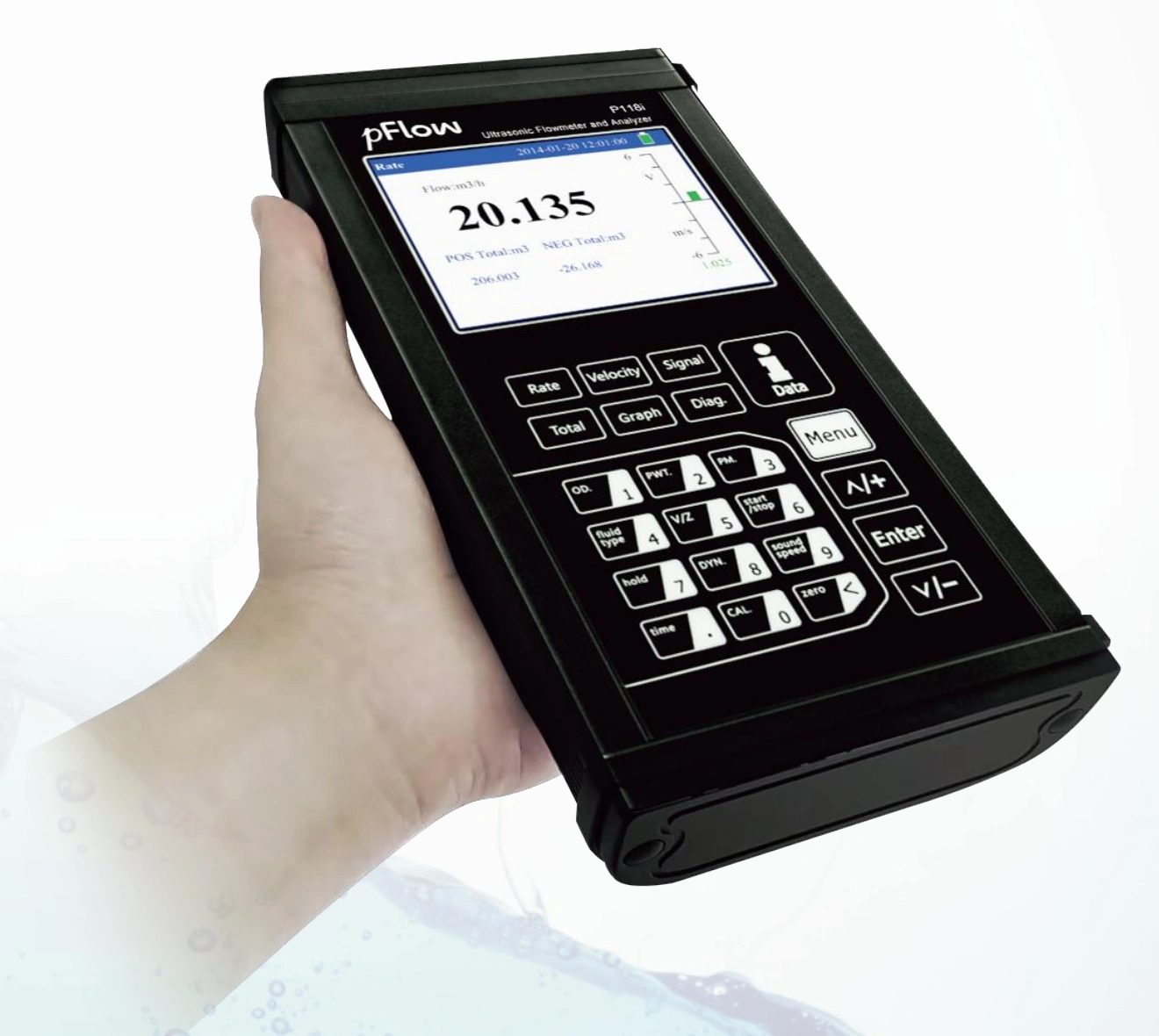 P118i HD portable ultrasonic flowmeter held in a hand