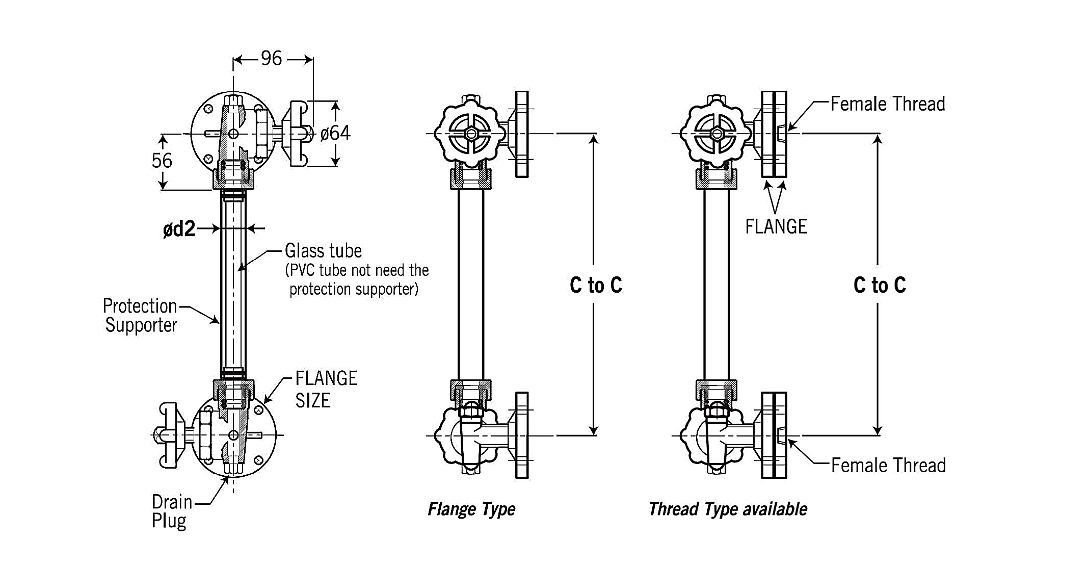 Complete BLU source drawing showing the protection supporter, flange arrangement, female-thread arrangement, dimensions and centre-to-centre distance