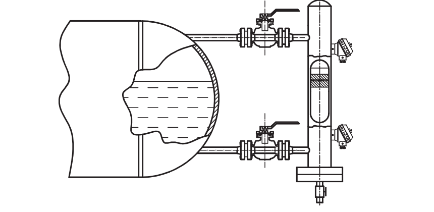 Side-mounted chamber connected to a vessel at upper and lower levels