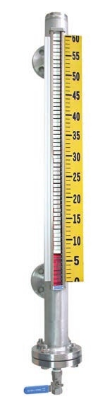 Side-mounted magnetic gauge with yellow scale and blue drain handle