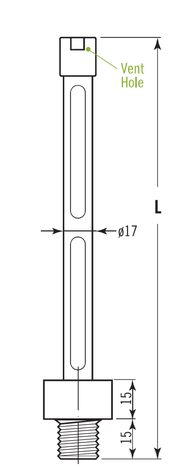 MLG Type B cover mounting with bottom thread, top vent, diameter and length dimensions
