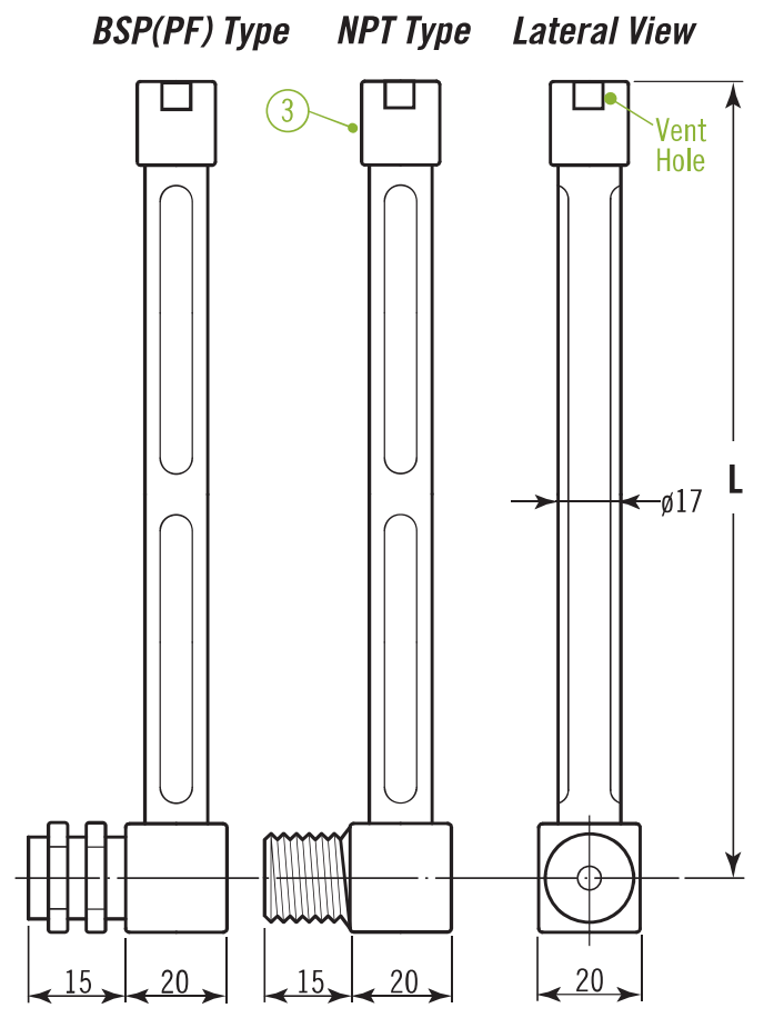 MLG Type A wall mounting: BSP PF, NPT and lateral views with top vent and dimensions