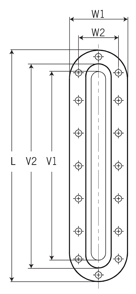 SV-Series front drawing with W1, W2, L, V2 and V1 dimension labels