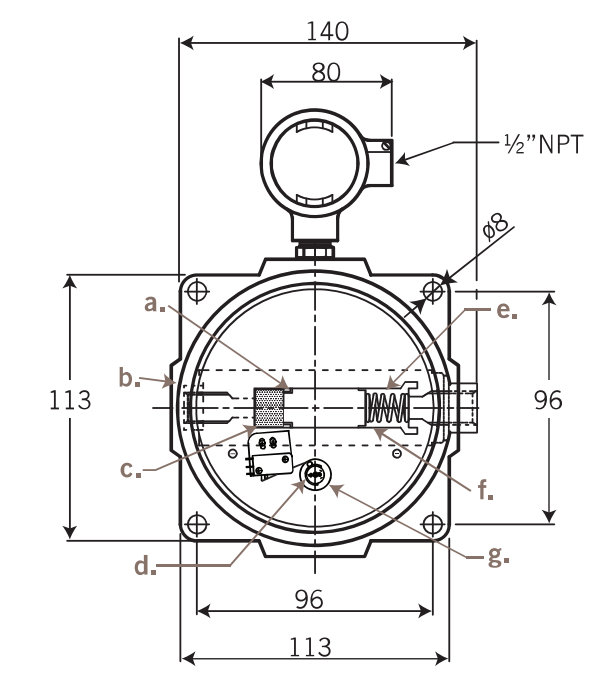 DPS2000X original front-view dimensions and part labels a to g