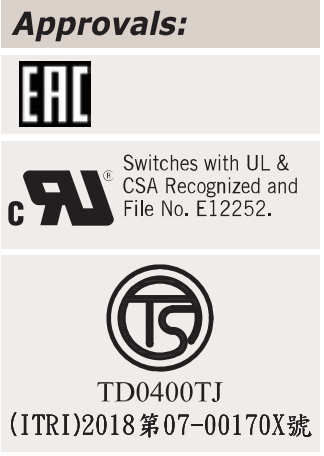 EAC, UL/CSA switch recognition E12522 and Taiwan explosion certification TD0400TJ