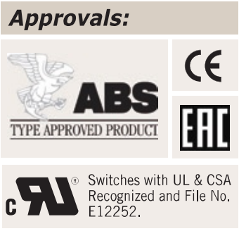 ABS Type Approved Product, CE, EAC, and UL/CSA switch recognition, file E12522