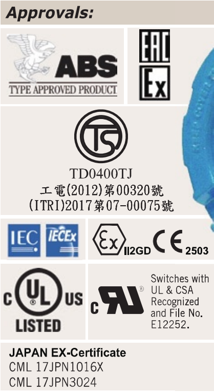 ABS, EAC Ex, Taiwan, IECEx, ATEX, UL, UL/CSA switch recognition and Japan EX certificate references