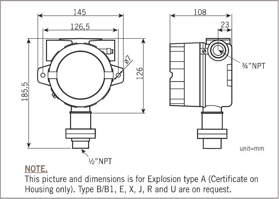 PS1000X Vacuum Pressure Switch original dimension drawing — Type A, certificate on housing only