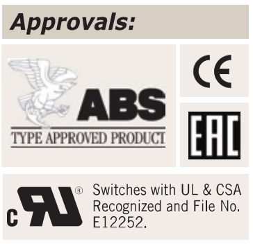 Approvals shown in the datasheet: ABS Type Approved Product, CE, EAC; switches with UL and CSA recognition, file E12522