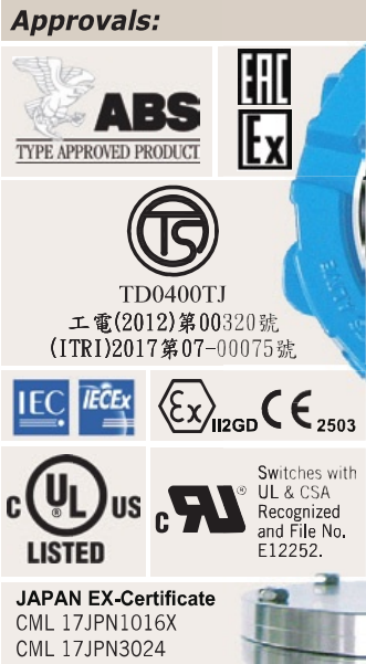 Original approval artwork: ABS, EAC Ex, Taiwan, IECEx, ATEX, UL, switch UL/CSA recognition and Japan EX certificate references