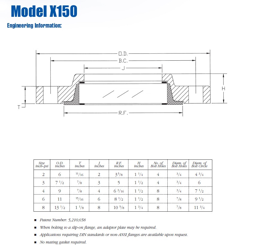X150 Flange dimensions engineering drawing