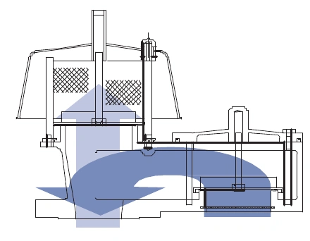 Section showing pressure outflow and vacuum inflow