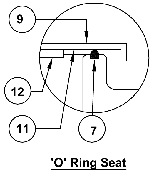 O-ring seat: pallet (9), diaphragm (11), retaining disc (12), and O-ring (7)