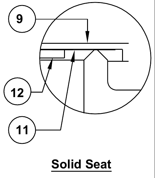 Solid seat: pallet (9), diaphragm (11), retaining disc (12)