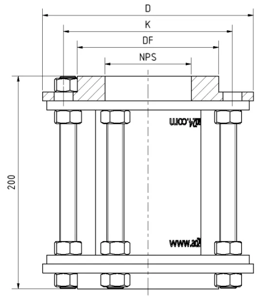 Type 620A original drawing with D, K, DF and NPS dimensions and 200 mm length