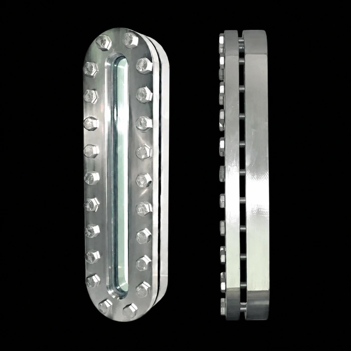 SV-Series pipe sight glass, front and side views on a black background